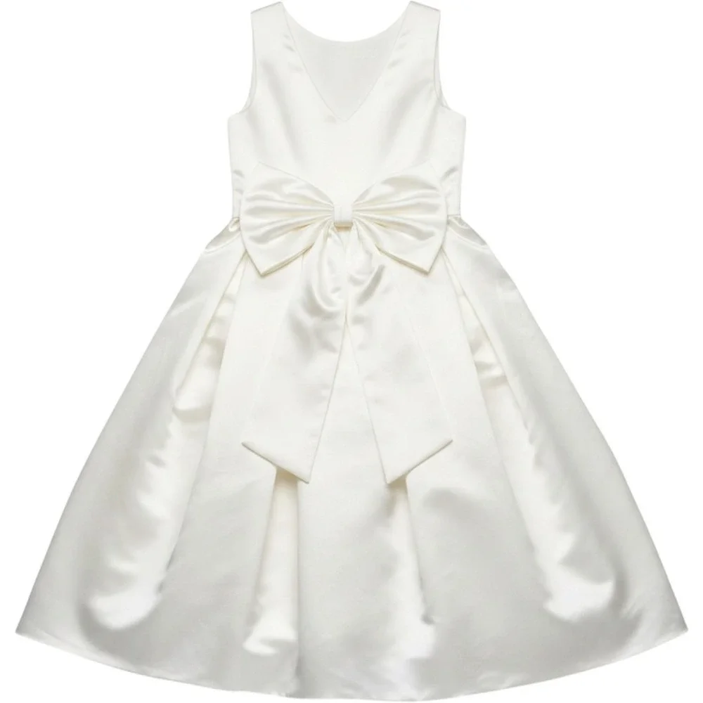 White Satin Flower Girl Dress Pearl Waist Back Bow Size 10 NEW